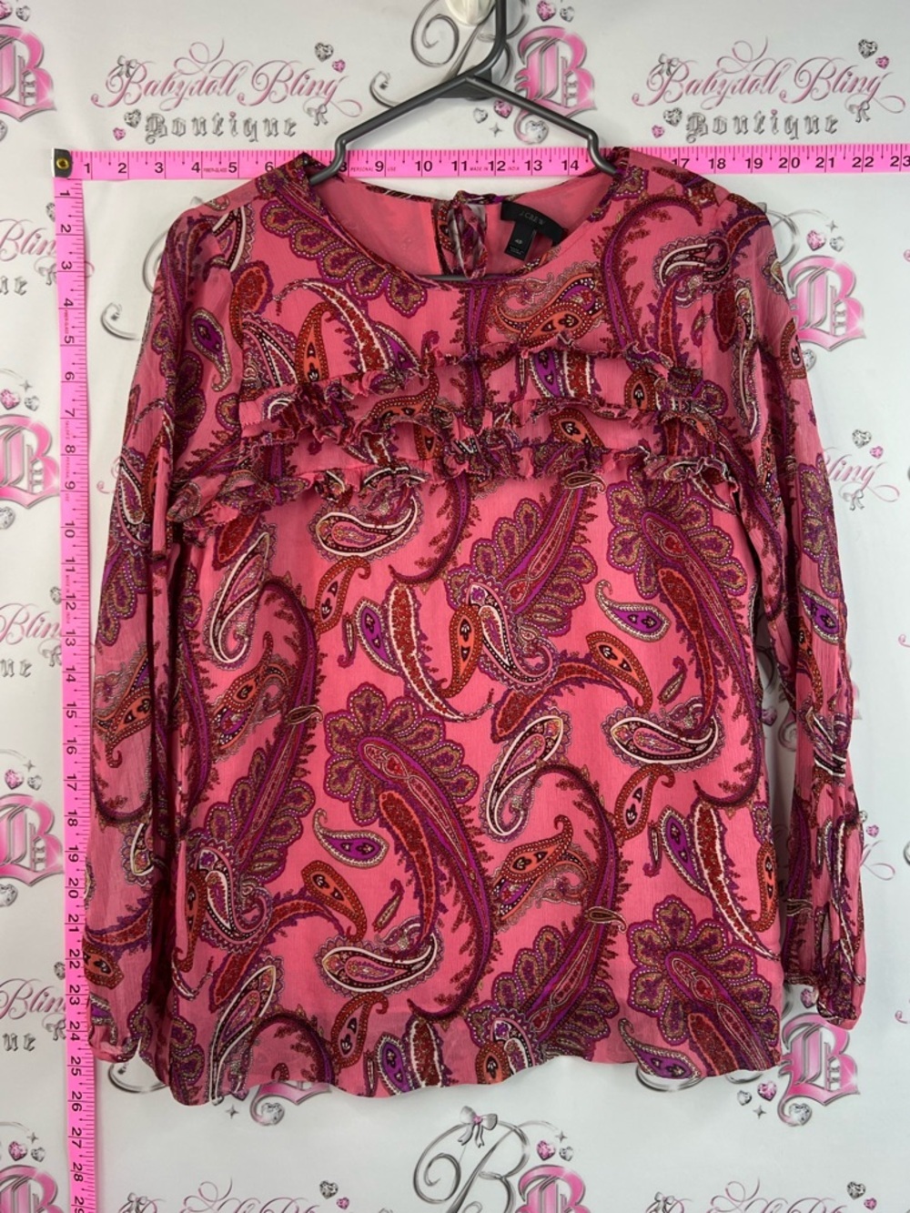 J. Crew blouse flowy crinkle fabric tie up Pink Paisley Ruffle-Front Blouse